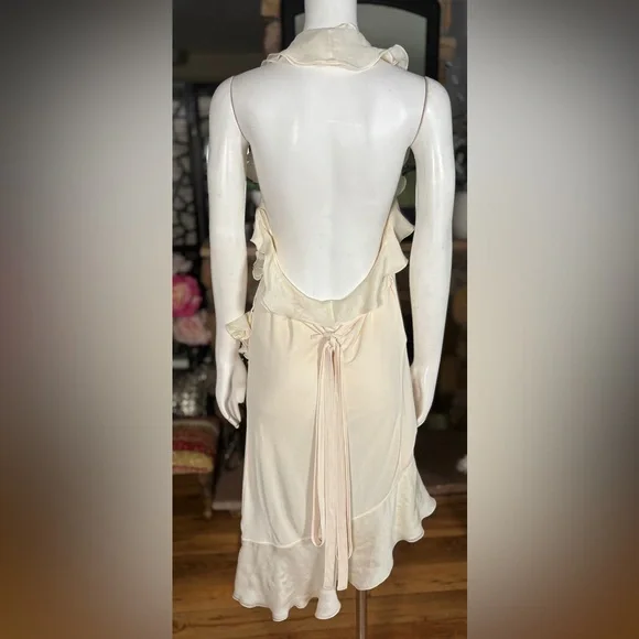 Jean Paul Gaultier Cream Silk & Rayon Backless Ruffle Halter Wrap Dress, Sz L - Picture 7 of 16